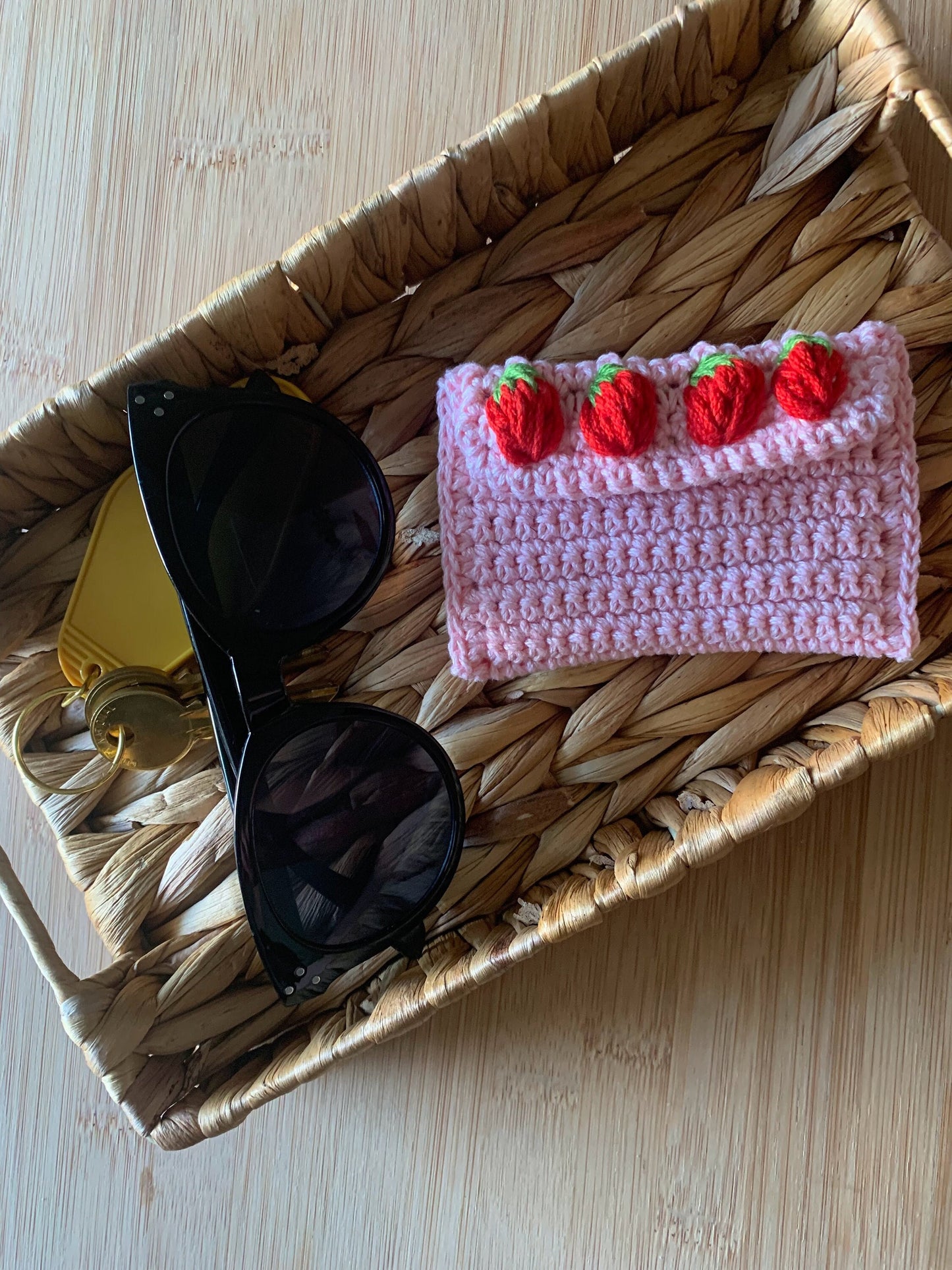 Crochet Strawberry Wallet - Crochet Card Holder - Handmade Wallet - Pink Crochet Wallet