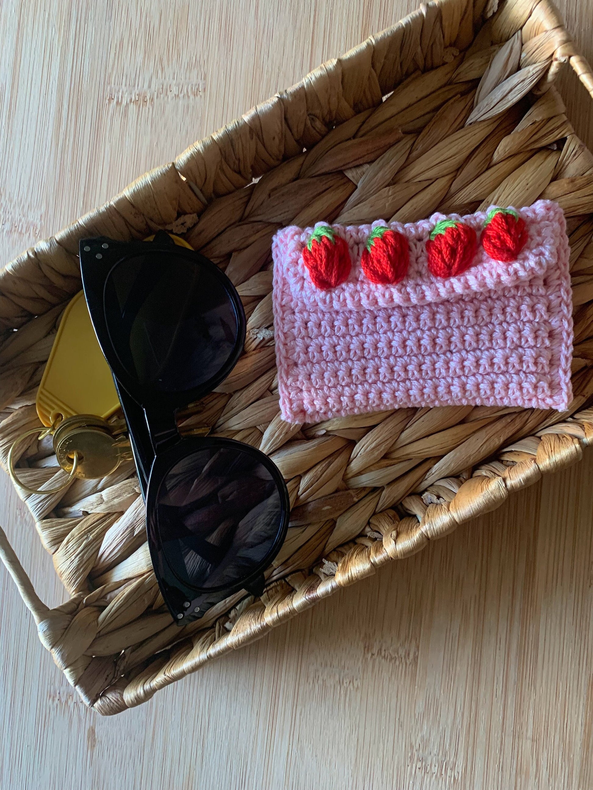 Crochet Strawberry Wallet - Crochet Card Holder - Handmade Wallet - Pink Crochet Wallet