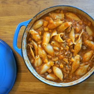 Large pasta shells in a cozy, squashy sauce of butternut, pumpkin puree and ground beef