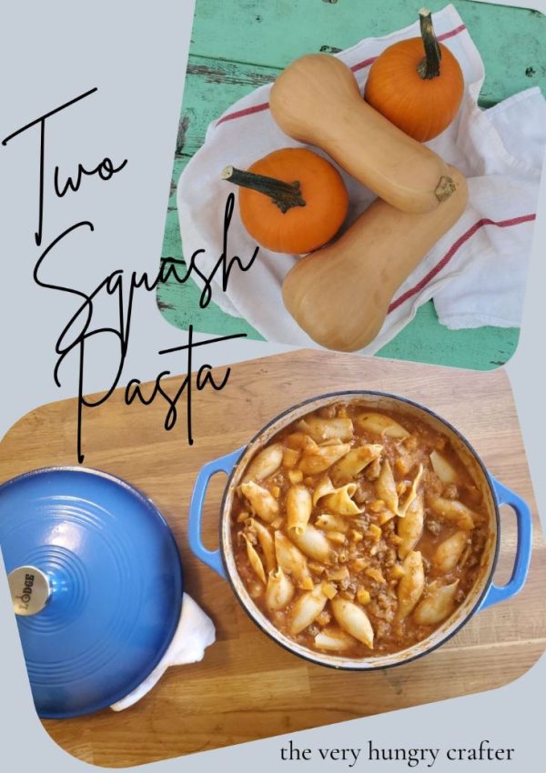 Large pasta shells in a cozy, squashy sauce of butternut, pumpkin puree and ground beef